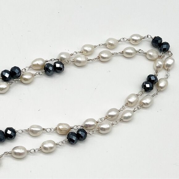 Hand Wrapped Freshwater Pearl & Blue Austrian Crystal Tassel Lariat Necklace 52” - Picture 5 of 6